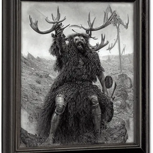 Prompt: hairy barbarian with moose head by gustave dore and donato giancola