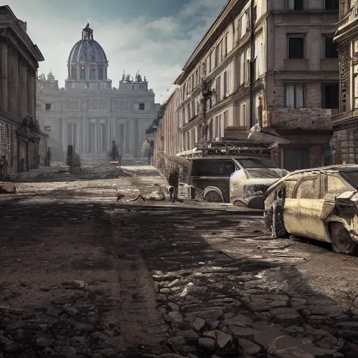 Image similar to post apocalyptic Rome,ultra wide, octane render, cinematic, hyper realistic,