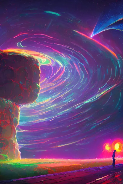 Prompt: Cosmic Chromatic Tesla Coil. Alena Aenami, Petros Afshar, Noah Bradley, Anton Fadeev, Anato Finnstark, Steve Henderson, Filip Hodas, Mark Keathley, Thomas Kinkade, Phil Koch, Gilbert Williams, Mike Winkelmann, Beeple