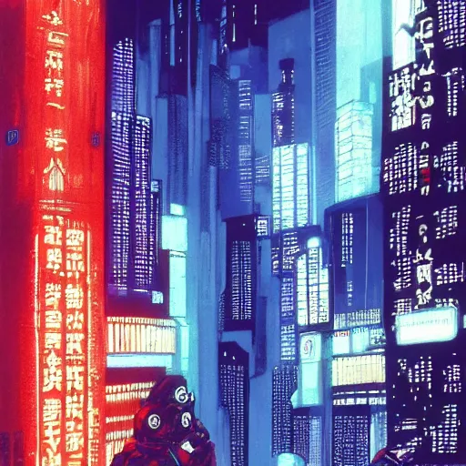 Prompt: high detailed neuromancer in a cyberpunk city at night with a torii in the background by Syd Mead, high quality, 4K, UHD, trending on ArtStation, blade runner vibes, ghost in the shell