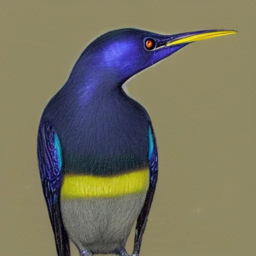 Image similar to a colored pencil drawing of a cap glossy starling by natalia rojas and ana maria martinez jaramillo, pastel color, yellow eye, gradient black and blue, wingspan, highly detailed, realistic graphite, artstation, 4 k, realism, photorealism, fine art