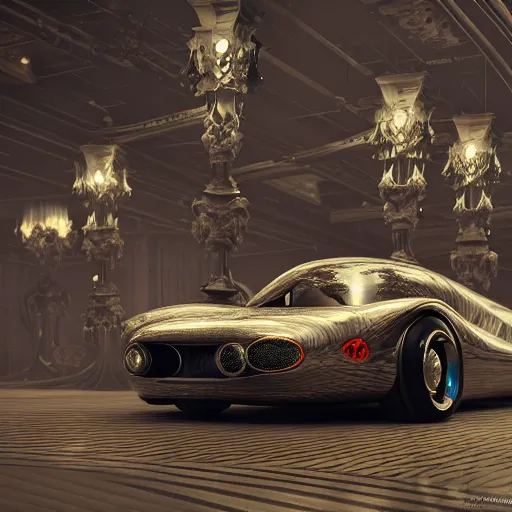 Prompt: cyber vintage supercar slick : by michal karcz, daniel merriam, victo ngai and guillermo del toro : ornate, dynamic, particulate, intricate, elegant, highly detailed, centered, artstation, smooth, sharp focus, octane render