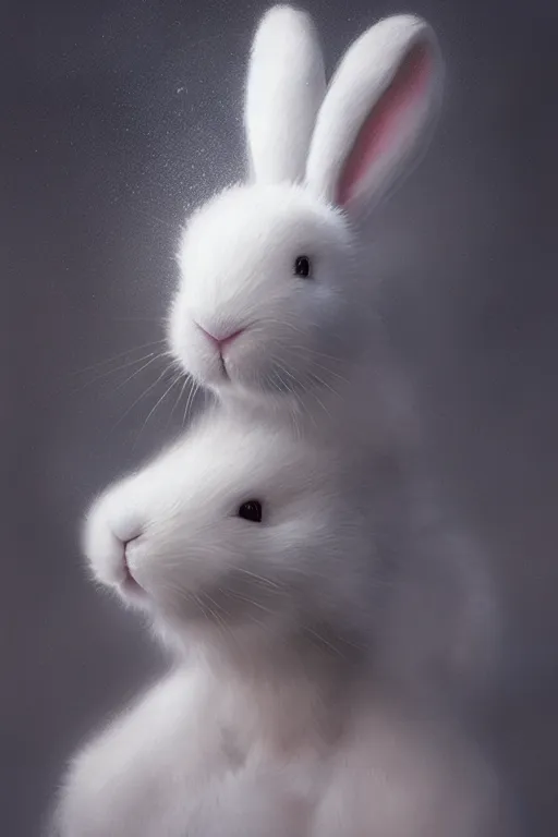 Image similar to white bunny with black spots on face and nose, realistic and ultra intricate detailed soft painting, volumetric lighting, mist, cityscape background, Artstation, Tom Bagshaw Yasushi Nirasawa Moebius artstyle, unreal render, depth of field ,