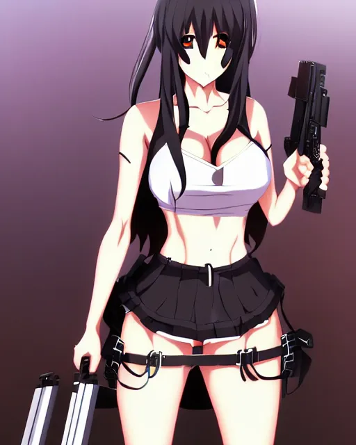 Image similar to female action anime girl, black dress, holding weapon with natural hands, symmetrical faces and eyes symmetrical body, middle shot waist up, airplane hanger background, Madhouse anime studios, Black Lagoon, Wit studio anime, 2D animation