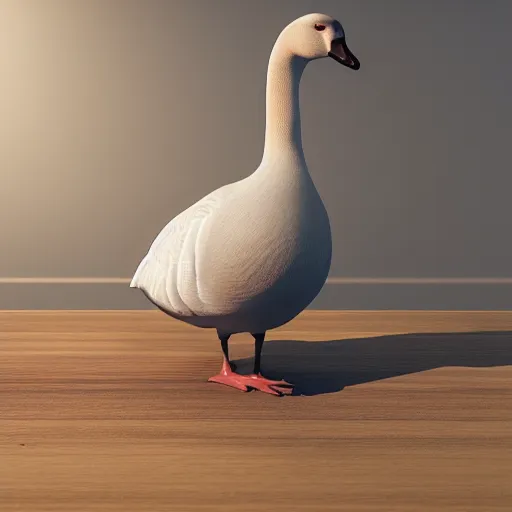 Prompt: a portrait of judgemental goose sitting on a table, close view, unreal, cinema 4d render, Ray tracing reflection, studio light