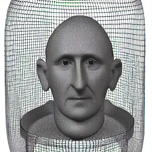 Prompt: wireframe mesh model of Marcel Duchamp