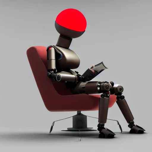 Prompt: futuristic lonely matte brown and red full-body humanoid robot with huge round expressive sad LED eyes and open rectangular mouth sitting on a large comfortable cushioned vintage recliner reading a newspaper. Cinematic Lighting, Cinematic Movie Photograph, Arri Alexa, Extremely Detailed, smooth, very very clean, 8K, octane render, maya render, unreal engine, trending on artstation, DSLR, excellent composition, moody