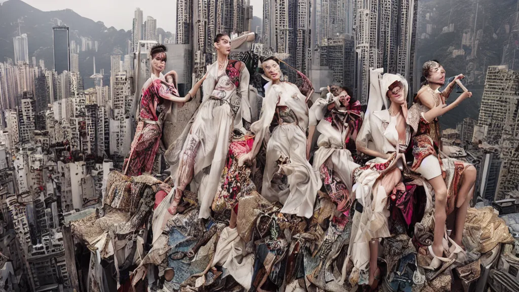 Prompt: fashion editorial by jimmy nelson. on a roof in center hong kong