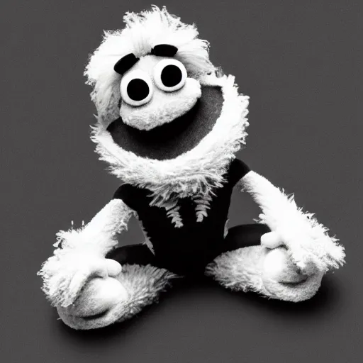 Prompt: black and white photo of a muppet of spider-man