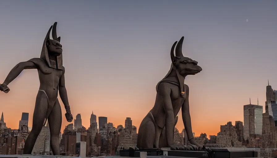 Prompt: a giant anubis statue placed in new york, sunset, drone footage, sharp focus, professional photo
