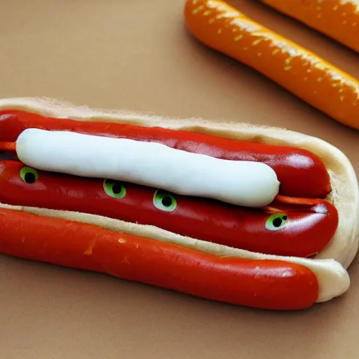 Prompt: a caterpillar shaped hotdog