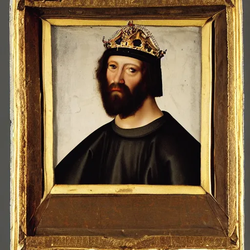 Image similar to a renaissance style portrait of Camelus dromedarius wearing a crown and a cape, dark background