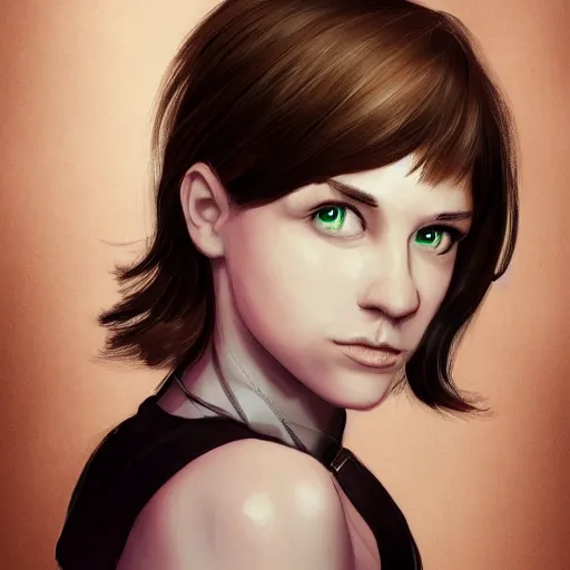 Image similar to a portrait photo of a young woman with short brown hair, a dress, and green eyes, floating in space, trending on artstation