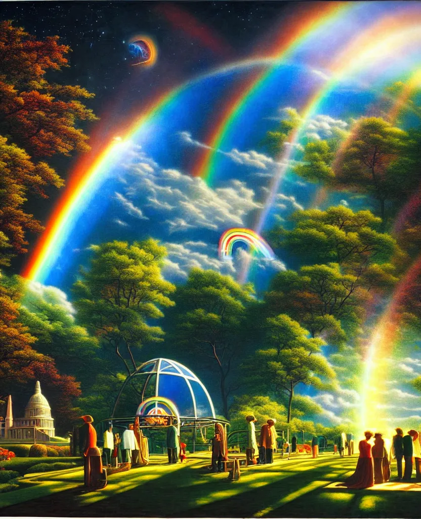 Image similar to a beautiful future for humanity, spiritual evolution, science, divinity, utopian, heaven on earth, gardens, gazebos of light, rainbows, by david a. hardy, wpa, public works mural, socialist