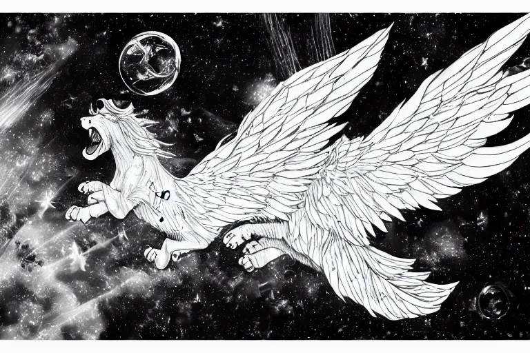 Image similar to angelic majestic winged lioness flying in outer space, stars dotted in background, black and white ink on paper, thick thick thick outlines, 8k high quality detailed manga art, trending on art station and cgsociety, super wide angle, octane, by Eiichiro Oda