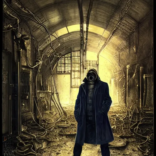 Prompt: UHD hyperrealistic photorealistic detailed image of a man in a longcoat and gas mask from the Stalker video game series standing in front of an laboratory door, in a ruined and dark underground lab by Ayami Kojima Amano Karol Bak, Greg Hildebrandt and Mark Brooks