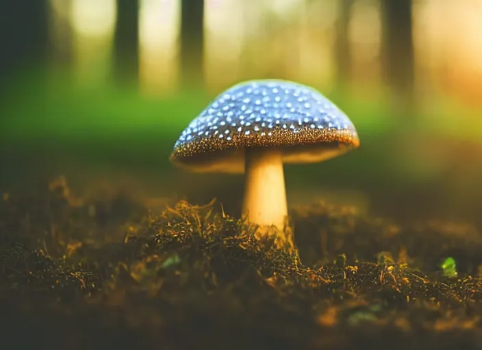 Prompt: a magical forest with delicate mushrooms that glow in the dusk, macro close up, bokeh,