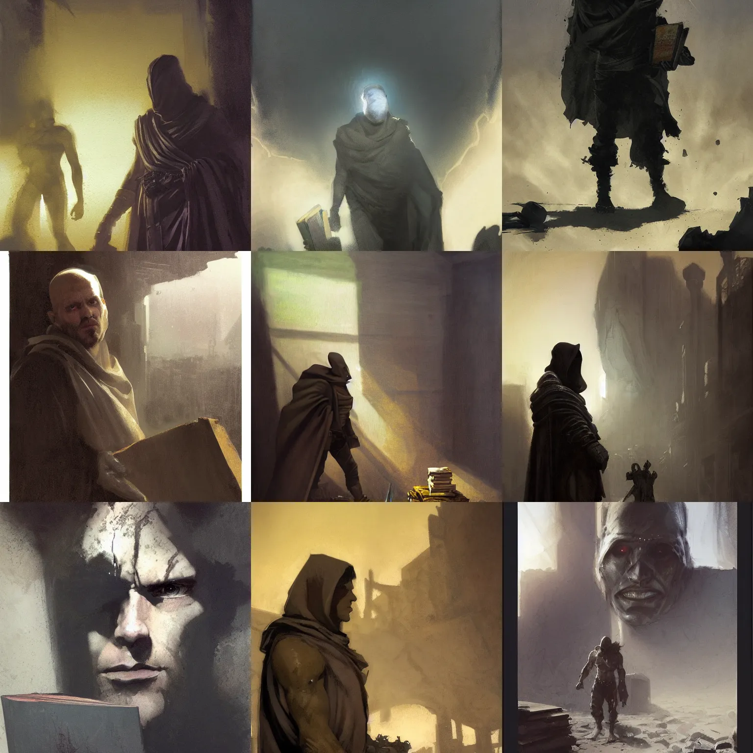 Prompt: portrait of destiny from sandman, man wearing a closed cowl, big old book chained to the wrist, by jeremy mann, by craig mullins, by caravaggio and mike mignola, by jeff easley, face in the shadows, walking between ruins of ancient rome at dusk, mysterious atmosphere, high detailed, 8 k