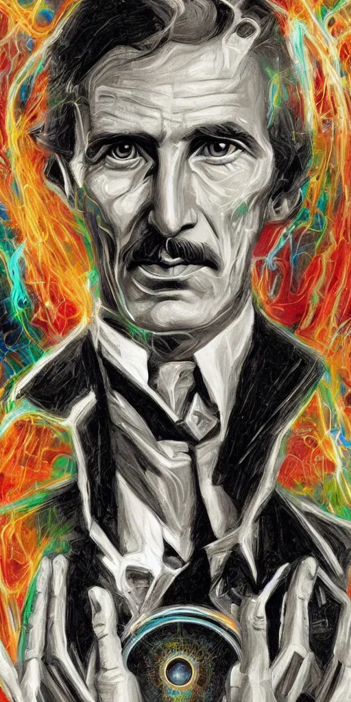 Image similar to nikola tesla holding energy psytrance portrait artwork, by sam spratt