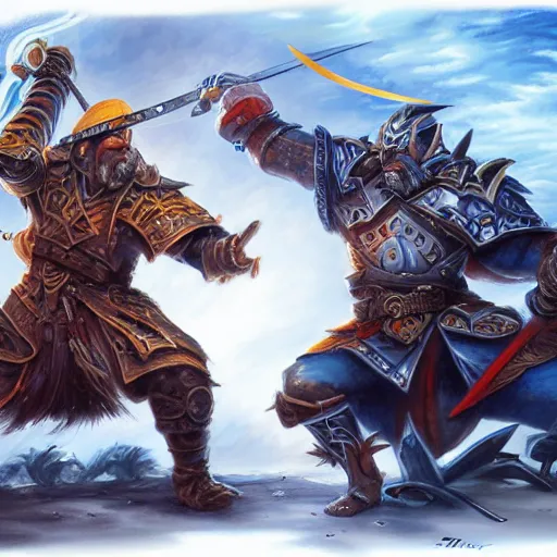 Prompt: Epic Battle between two swordsmen drawn by Tony Sart