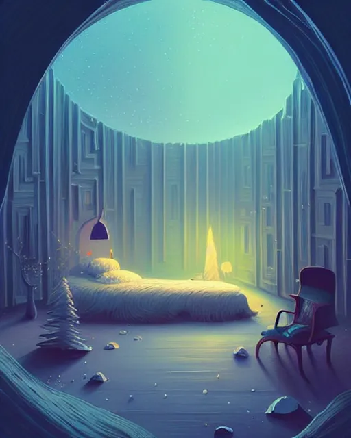 Prompt: beautiful painting of elven bedroom, art by mike winkelmann and by petros afshar, sky night, illustration, highly detailed, simple, smooth and clean vector curves, no jagged lines, vector art, smooth, artstation