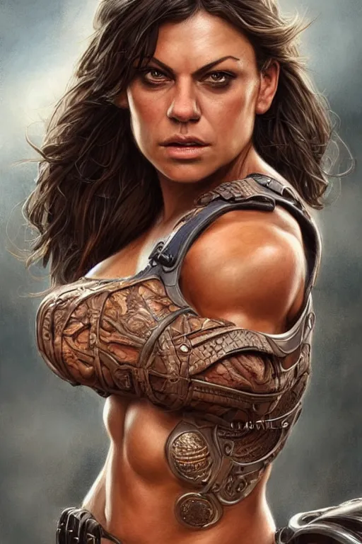 Image similar to muscled Mila Kunis as a ruggedly handsome hero, intricate, elegant, highly detailed, centered, digital painting, artstation, concept art, smooth, sharp focus, illustration, art by artgerm and donato giancola and Joseph Christian Leyendecker, WLOP