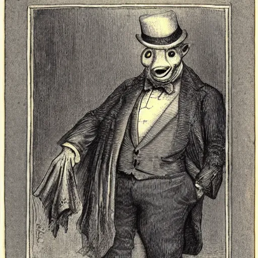 Image similar to a gentleman pig in a tuxedo, creepy, chiaroscuro, illustration by Gustave Doré,