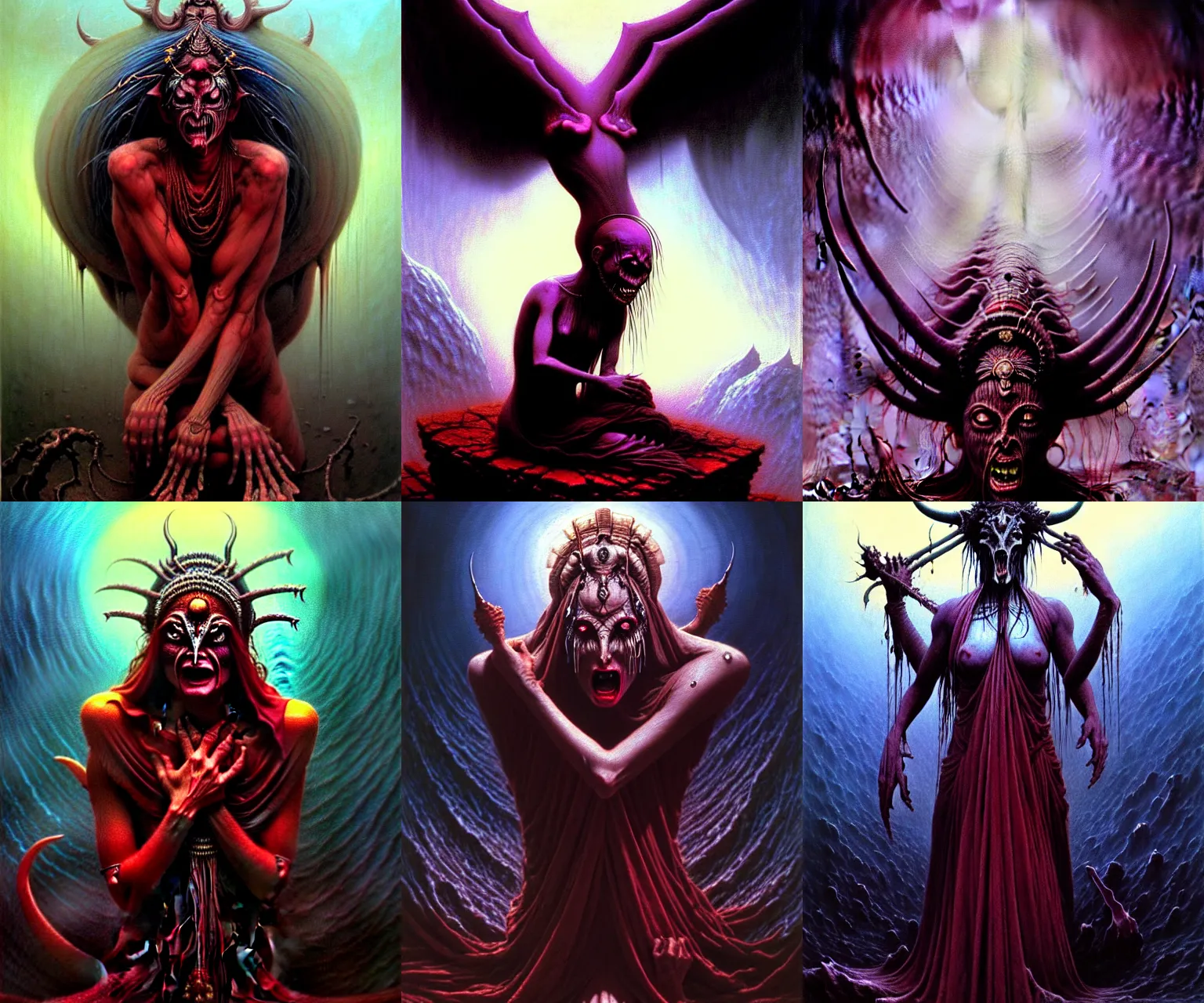 Prompt: A cinematic crying portrait of the Hindu Muslim demon goddess of grief despair sorrow, by Bernie Wrightson, by Wayne Barlowe, by Paul Lehr, by Bruce Pennington, by Zdzisław Beksiński, by HR Giger, oil on canvas, masterpiece, trending on artstation, featured on pixiv, cinematic composition, astrophotography, dramatic pose, beautiful lighting, sharp, details, details, details, hyper-detailed, no frames, 8K