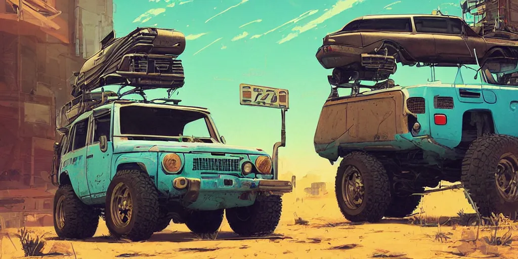 Image similar to digital illustration of a futuristic faded cyan mad max's fj 4 0 decrepit!!!! pursuit special, rusty!!! cyberpunk nissan fj cruiser heavily modded 1 9 9 0 s, the last v 8 interceptor by makoto shinkai, ilya kuvshinov, lois van baarle, rossdraws, basquiat