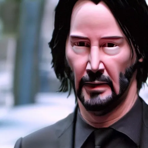 Image similar to Keanu Reeves, stop motion animation, puppet, cinematic, action,