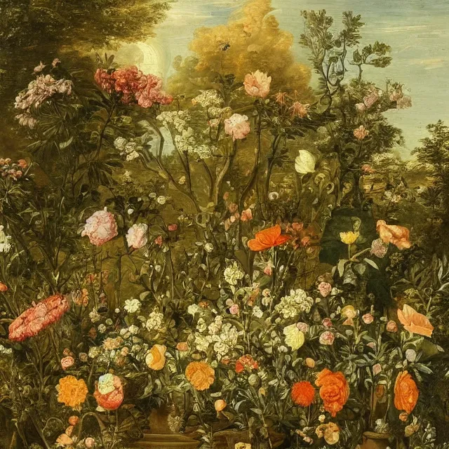 Prompt: a painting of flowers in a garden at night, a flemish baroque by jan van kessel the younger, intricate high detail masterpiece