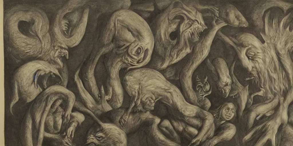 Image similar to portrait mezzotint of a group of mythical monsters and beasts in a squishy style