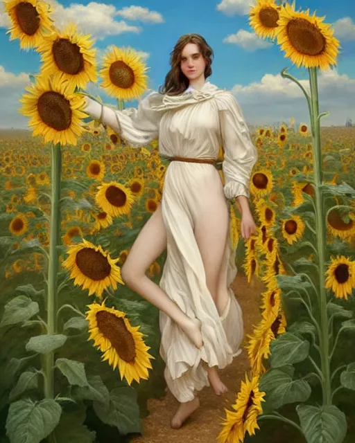 Prompt: a girl slowly walking through amazing tall sunflower field, hair flowing, early morning lightning, bad weather approaching, oil on canvas, artstation, by j. c. leyendecker and edmund blair leighton and charlie bowater, beautiful face, octane, very aesthetic!!!!!!!!!!!!!!!