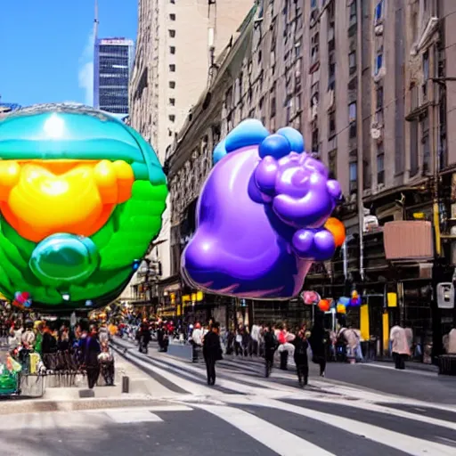 Prompt: Jeff Koons balloon statues in the middle of a busy city street