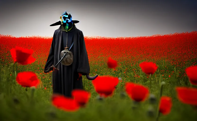 Image similar to an extremely disturbing horror photograph of a plague doctor in a field of opium poppies, hyperrealism, sharp focus, highly detailed, horror cgi 4 k, matte, octane render, cinematography, photo by professional photographer