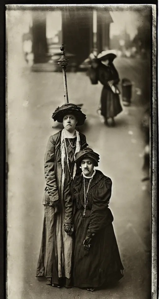 Prompt: wet plate photograph, fashionable ladies on the streets of San Francisco, 1908, realistic faces