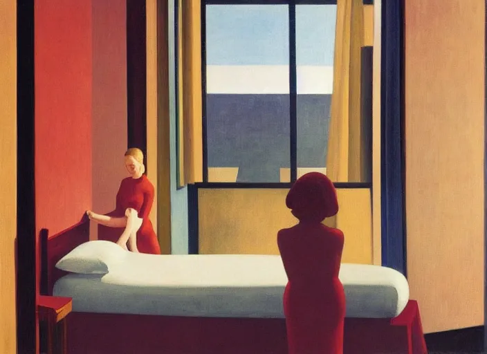 Image similar to two people in a hotel room in afternoon light, open ceiling, oil painting by edward hopper and rene magritte