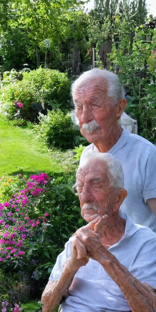 Image similar to Funny photo of a grandfather in the garden squinting at the camera because of the sun, low quality