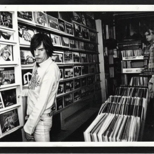 Prompt: mick jagger working in a record store in 1 9 6 9, polaroid photo, artistic, realistic, snapshot