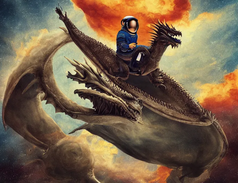 Prompt: photograph of an astronaut riding a dragon