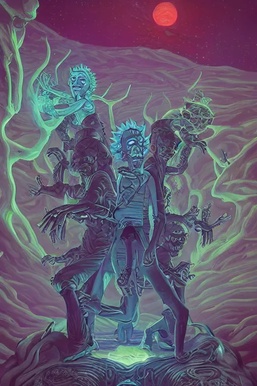 Prompt: rick and morty as the thing fused with lovecraft, high details, intricate details, renaissance style, painting by vincent di fate, artgerm julie bell beeple, 80s, Smooth gradients, High contrast, depth of field, very coherent symmetrical artwork