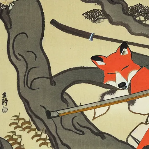 Image similar to samurai fox with a katana. sakura forest in the background. old japanese painting. fresco