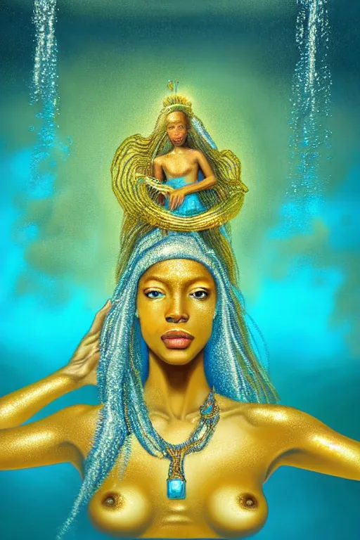 Image similar to hyperrealistic futurist full body cinematic very expressive! translucent oshun goddess underwater scene, gold jewerly, highly detailed face, digital art masterpiece, smooth eric zener cam de leon, dramatic pearlescent turquoise light on one side, low angle uhd 8 k, shallow depth of field