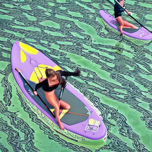 Prompt: m.c. escher style landscape of a woman paddle boarding down a spring fed river