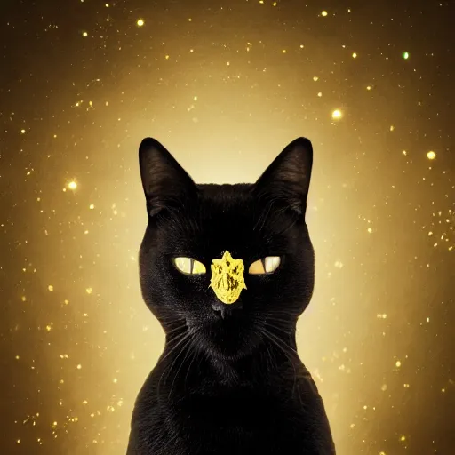 Image similar to portrait. black cat wearing a gold medieval knight armor. particle effects, cinestill, afrofuturism, sci - fi fantasy, 3 d render, stunning, regal