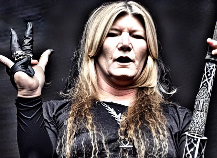 Image similar to publicity photo still of martha stewart in dimmu borgir playing live on stage, 8 k, live concert lighting, mid shot