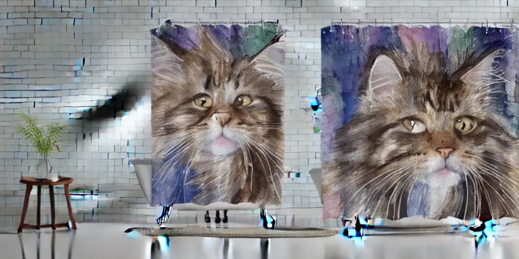 Image similar to shower curtain product catalog. on the curtain is a watercolor with ink under drawing of a cat toy being chased by a maine coon kitten. wide - angle product photography, product lighting. 4 k, highly detailed. saturated.