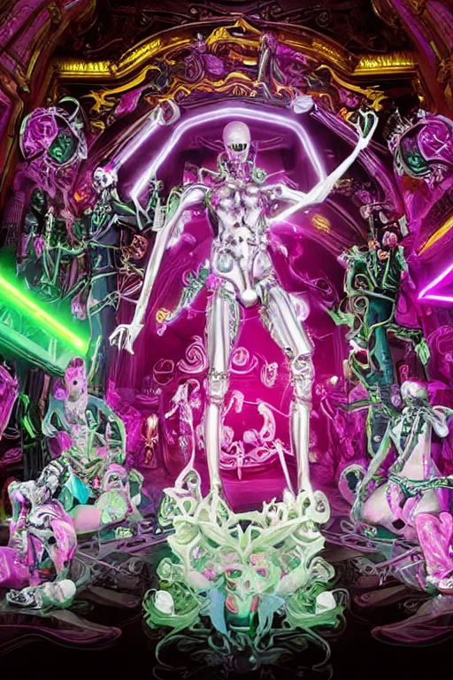 Image similar to full-body rococo and cyberpunk style neon statue of a muscular attractive Roberto macho dotado e rico android sim roupa reclining con las piernas abertas e la piroca dura, glowing white laser eyes, prince crown of pink gears, diamonds, swirling silver-colored silk fabric. futuristic elements. full-length view. space robots. human skulls. intricate artwork by caravaggio. Trending on artstation, octane render, cinematic lighting from the right, hyper realism, octane render, 8k, depth of field, 3D