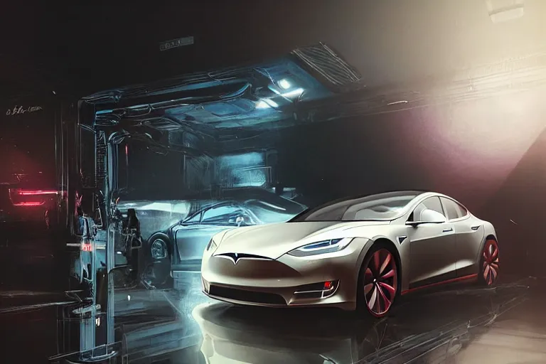 Image similar to a 2 8 mm closeup photo of a tesla car in a photo studio with a reflective floor, intricate, hyper detailed, smooth, high contrast, volumetric lighting, octane, greg rutkowski, ripley scott, artgerm, craig mullins, synthwave, cinematic
