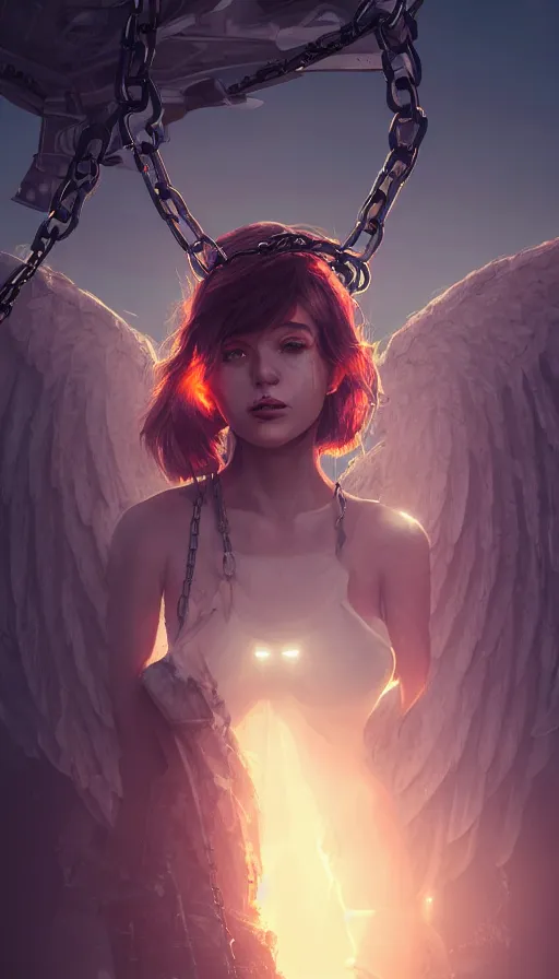 Image similar to a sad portrait of an angel blocked by chains in a abandoned futuristic city covered by vegeration, sunset, bright light, hyperdetailed, artstation, cgsociety, 8 k